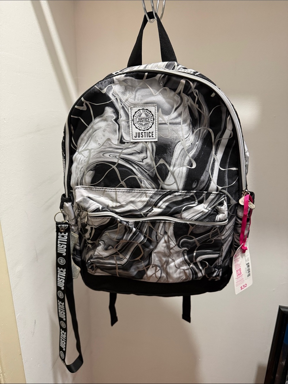 Justice Black & White Marble Swirl Backpack
